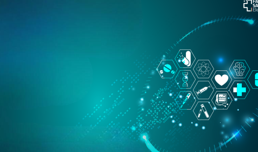 Grafica digitale blu con icone sanitarie e logo
